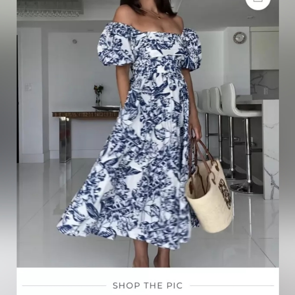 ABERCROMBIE Emerson Poplin Puff Sleeve Midi Dress Whitefloral/blue. NO L… - Picture 4 of 15